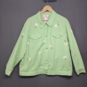 The Quacker Factory Top Womens 1X Green Check Floral Embroidered Country Cottage